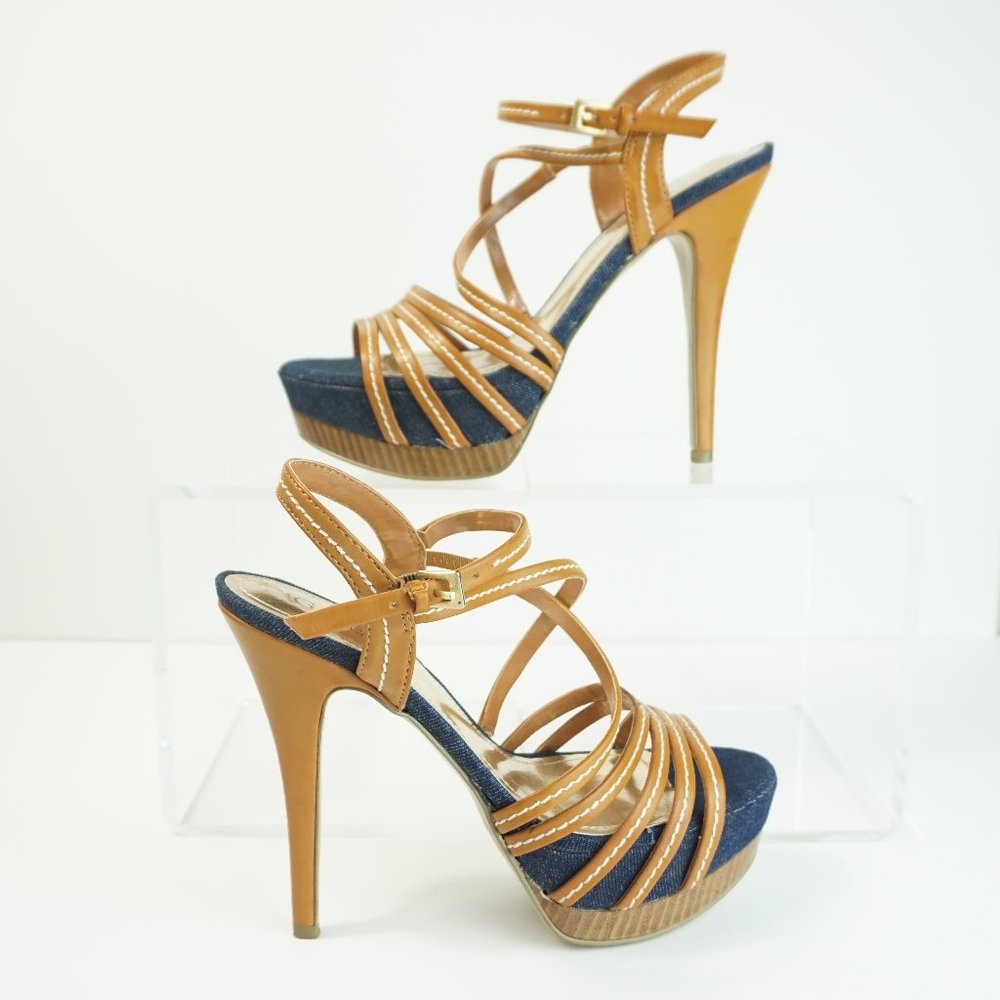 GUESS Norelle Ankle Strap Peep Toe Platform Heels Cognac & Demin  Size 5 1/2